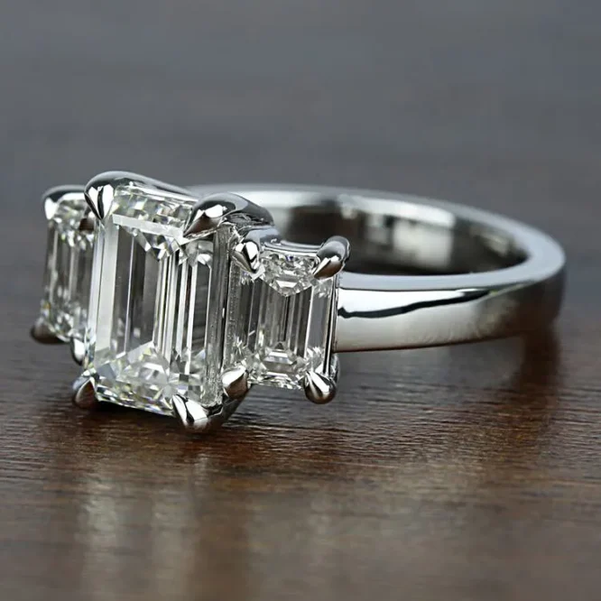 Three Stone 4.17 Ct VS1 G Emerald Cut Lab Created Diamond Engagement Ring 14k - Image 2