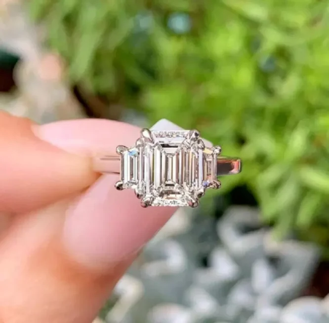 2.50Ct Emerald Cut Lab Grown Diamond Three Stone Engagement Ring 14K White Gold