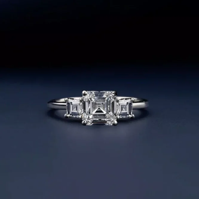 2.50TCW Asscher Cut Certified Lab Grown Diamond Three Stone Engagement Ring 14K White Gold - Image 2