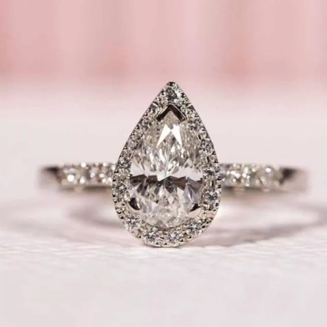 1.61 Pear Cut Lab Grown Diamonds Halo Engagement & Wedding Women's Ring 14k White Gold