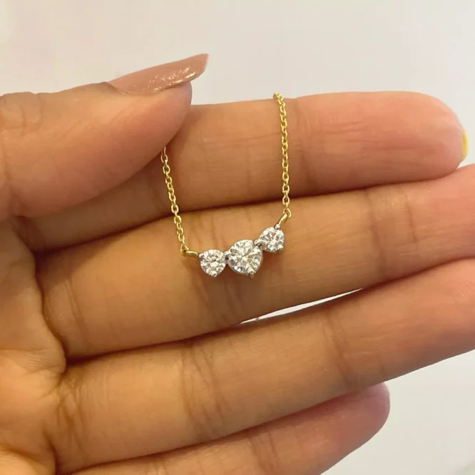 1CT Round Cut Three Stone Lab Grown Diamonds 16" Necklace Delicate Trending Fancy Pendant Women