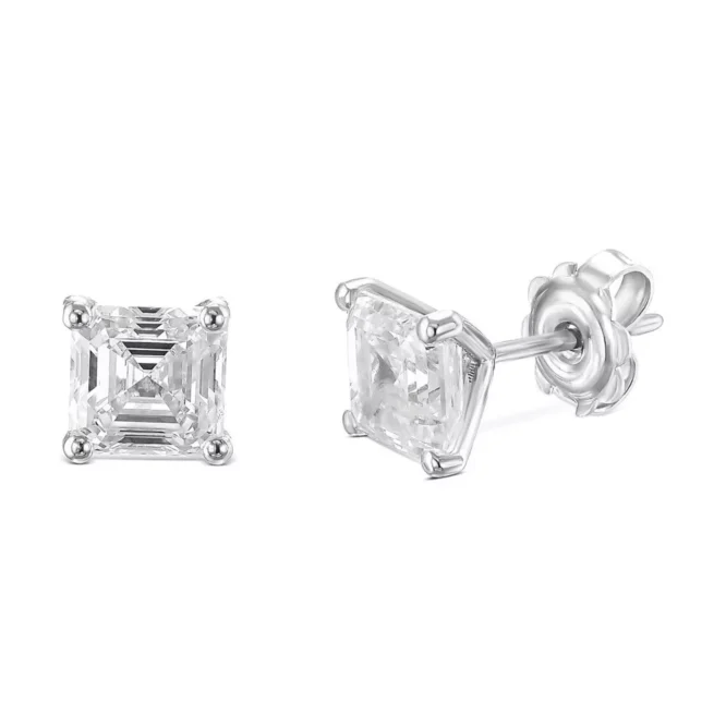 Women Earrings Asscher Cut 4 Carat Lab Created Diamond 14K White Gold Studs - Image 2