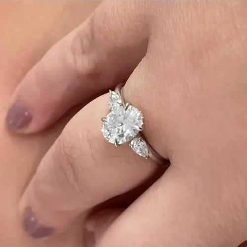 Click to view full screen 1.04Ct Oval Cut Lab Grown Diamonds Engagement Ring Trilogy Style Wedding Proposal Ring For Her photo review